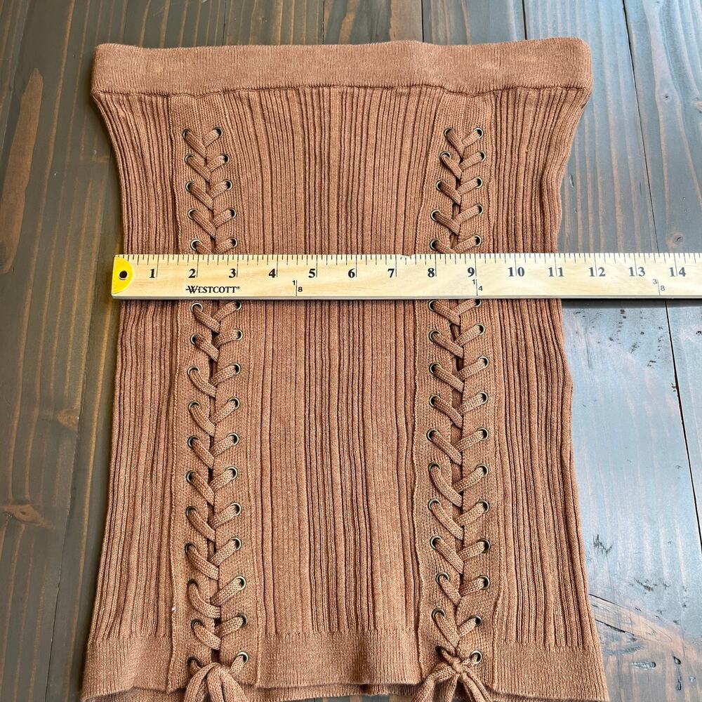 NBD Carden Laced Knit Mini Skirt Camel Brown Ribbed Side Tie Revolve M NWT - Picture 13 of 13